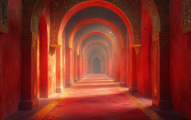 Majestic Red Arched Corridor with Ornate Details and Golden Accents.
