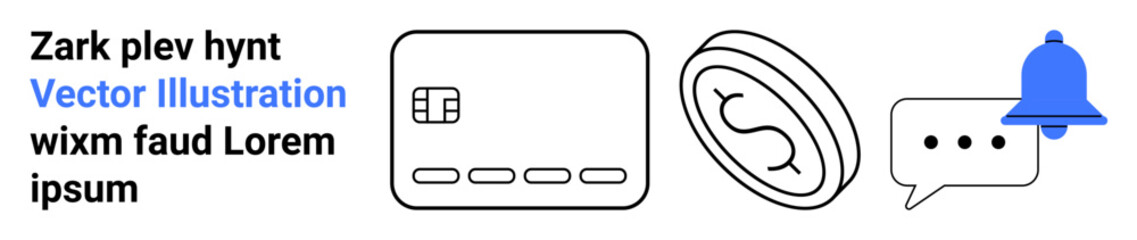 Credit card icon, abstract ear, speech bubble with ellipsis, and blue notification bell. Ideal for financial services, communication, alerts, notifications, hearing aids auditory services