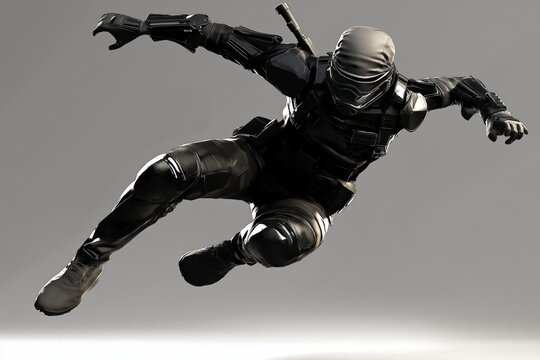 Dynamic character in mid-air leap showcasing sleek black tactical gear and combat readiness in a minimalist setting