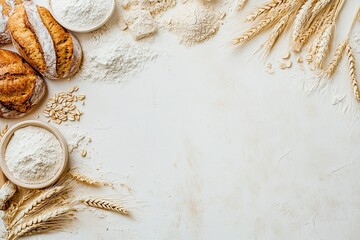 Assortment of various delicious freshly baked bread and flour ingredients on a white background, banner, copy space. Variety of artisan bread and ears of wheat. 