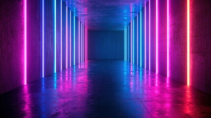 Sci-fi 3D environment, dark empty space, blue and purple neon lights, glowing lines and shapes, futuristic architecture