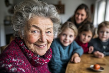 Family gathering around an elderly matriarch in a bright dining room, showcasing love and connection among generations