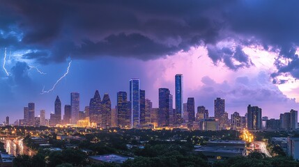 Dramatic lightning storm over city skyline at night.