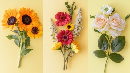 Three vibrant flower bouquets on yellow background.