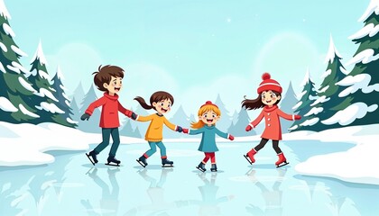 Naklejka premium Joyful group of four children ice skating hand in hand on frozen pond surrounded by snow-covered pine trees in cheerful winter recreation scene with bright colorful winter clothing