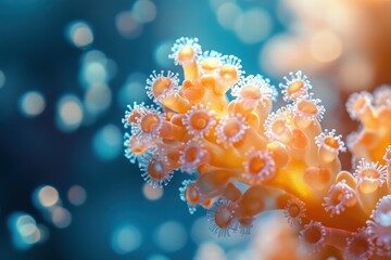 Underwater macro photography, blue bokeh, blurry background, soft focus, light particles, high resolution, realistic rendering