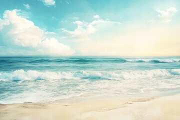 Fototapeta premium Watercolor painting, summer beach background, vibrant colors, soft textures, sandy beach, ocean waves, sunny sky