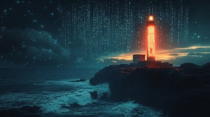 Retrostyle poster Morse code overlaid an image of a lighthouse sending light signals across the sea deep blue hues