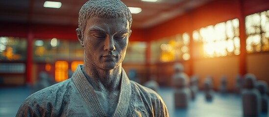 Serene martial arts statue in dojo.
