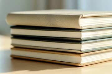 Stack of hardcover books in beige, green, and brown shades, bathed in sunlight.
