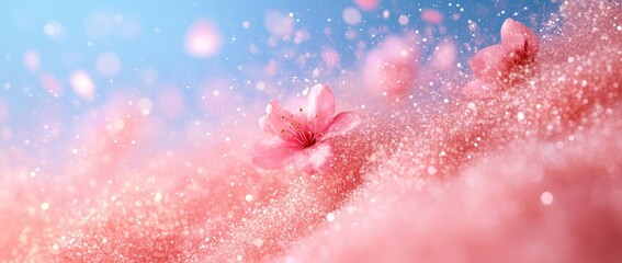 Pink blossoms floating in sparkly pink mist.