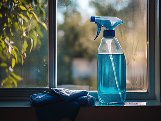 Bottle of glass cleaner and cloth