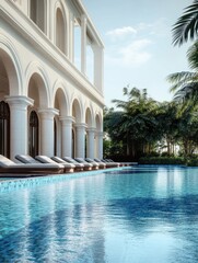 Fototapeta premium Swimming pool recreation area of luxury hotel, Dubai, United Arab Emirates