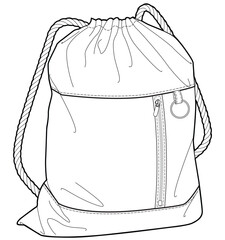 Drawstring duffle backpack flat sketch vector illustration technical cad drawing template
