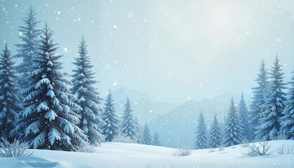 Snowy pine forest in winter landscape with falling snow