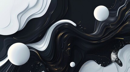 Elegant black and white liquid patterns featuring white particles for luxurious art wallpaper
