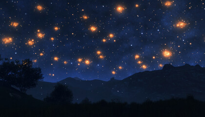 Fototapeta premium Night Sky Landscape Stars Mountains Trees Dark Blue Celestial Magical Dreamy