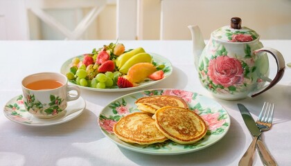 식탁 위에 놓인 플로럴 패턴의 접시와 팬케이크, 옆에는 과일 샐러드와 티포트
