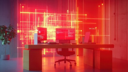 Red neon lines illuminate a modern workspace with two computers displaying code.