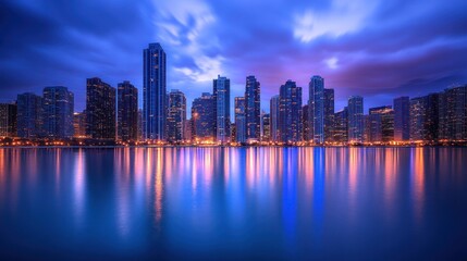 Obraz premium City skyline reflecting in calm water at twilight.