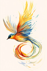 Obraz premium Illustration of a soaring bird formed from flowing brushstrokes, with abstract wings spreading into colorful swirls. 