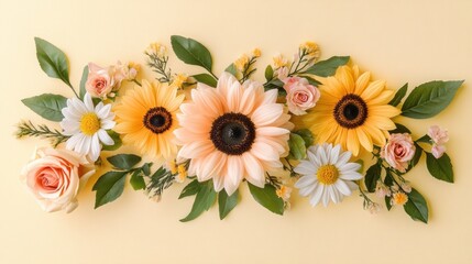 Fototapeta premium Pastel sunflowers, daisies, roses & greenery flatlay.