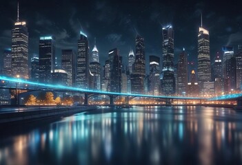 Obraz premium City landscape at night with blurred lights creating a swirling abstract bokeh effect on a bright blue background , blue, evening