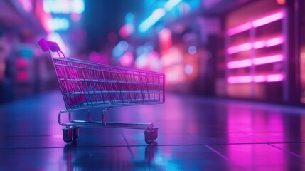 Empty shopping cart in a neon-lit modern mall.