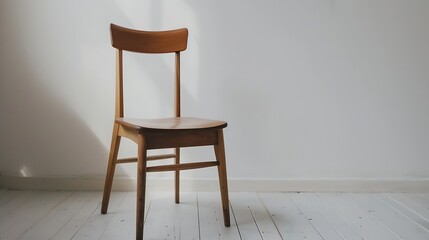 wooden chair in white room with window and shadow on the wall