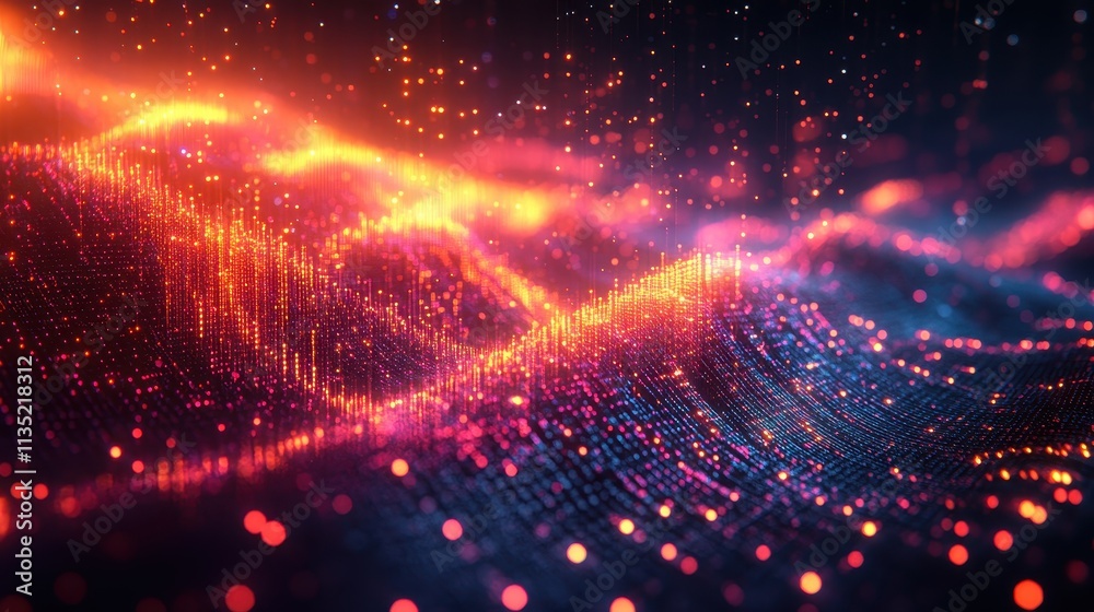 Poster dynamic digital data wave with glowing particles and bokeh effects.