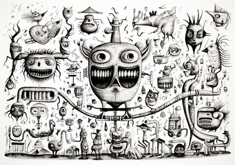 Obraz premium Bizarre creatures, fantasy characters, black and white drawing with illustrations and caricatures of monsters, surrealism