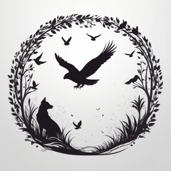 Fototapeta premium Silhouettes of a wolf, eagle, and birds in a circular forest frame.