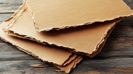 A close-up of a stack of kraft paper with natural deckled edges, displayed on a weathered wooden surface, emphasizing its rustic and organic appeal for crafting or packaging