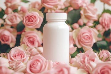 a blank white supplement bottle mockup on background with roses