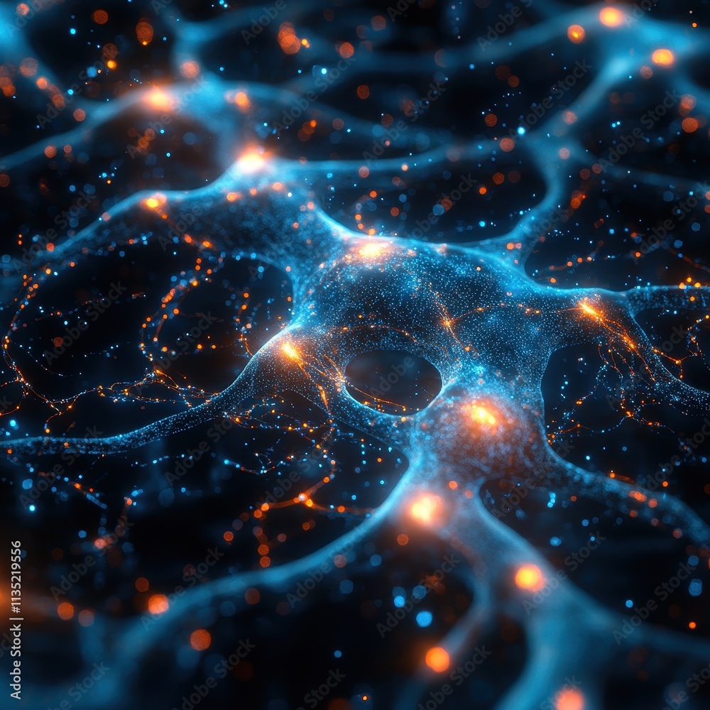 Poster abstract neural network connections with glowing nodes and interconnecting lines on dark background.