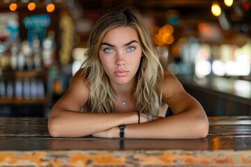 Fototapeta premium Graceful woman in warm hues at a caf , anticipating a romantic meeting in gentle evening glow