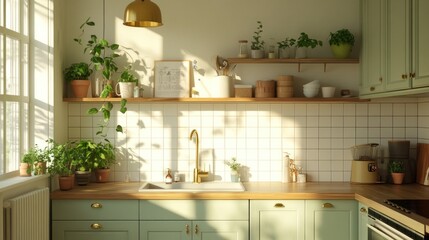 Fototapeta premium Sunlit kitchen with green cabinets, plants, and wooden shelves.