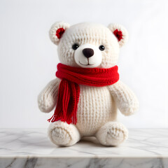 A cute knitted teddy bear made of white woolen threads in a red scarf sits on a white table