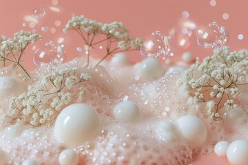 Serene minimalist space featuring lush flora and tranquil water spheres for relaxation