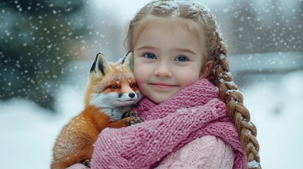 Adorable girl hugs a fox toy in snowy winter.