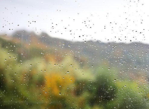 Rain drops on window with blurred green trees in background