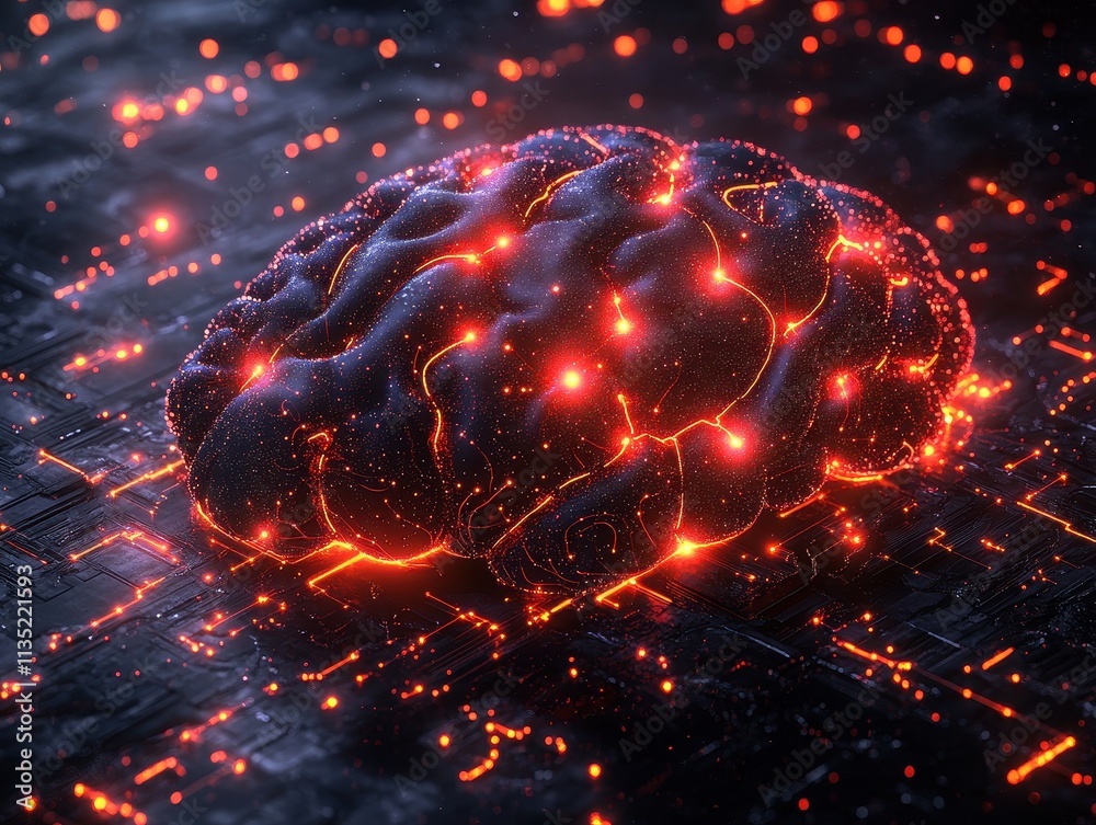 Poster glowing neural network 3d render of a brain on a circuit board, artificial intelligence, technology 