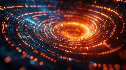 Abstract Swirling Vortex of Orange and Blue Light Particles Futuristic Technology Background