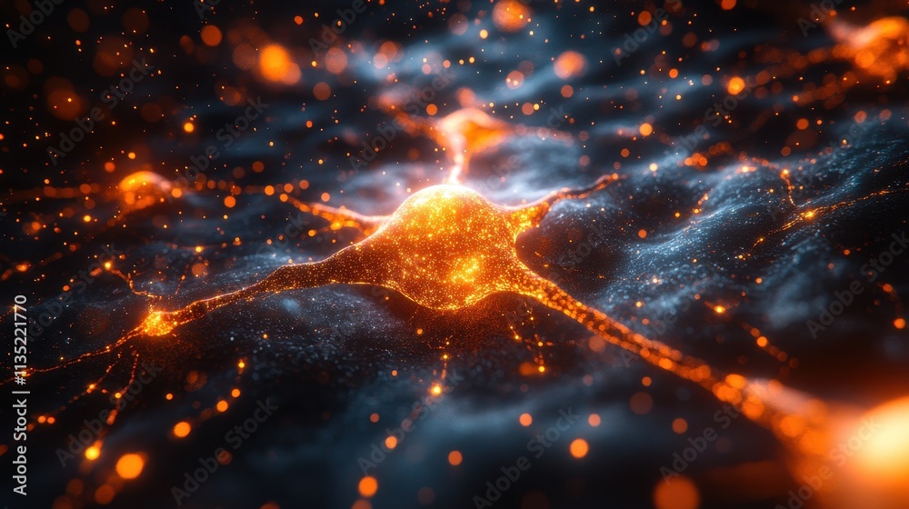 Poster glowing neuron network with synaptic connections, abstract 3d rendering of brain cell activity.