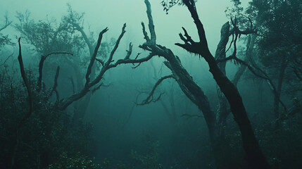 An eerie forest at dusk, where twisted trees loom above, their branches reaching like skeletal hands, and the distant howl of wolves fills the air.