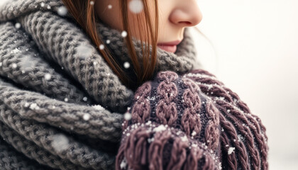Close-up portrait of a woman wrapped in a warm knitted scarf, enjoying a snowy winter day with delicate snowflakes falling.