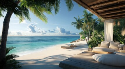 Fototapeta premium Tropical Beachfront Paradise: Serene Ocean View from Luxurious Cabana