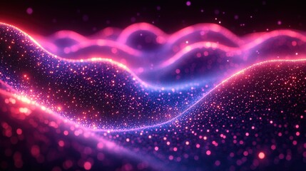 Fototapeta premium Abstract Wavy Glowing Particle Field with Pink and Purple Color Gradient.