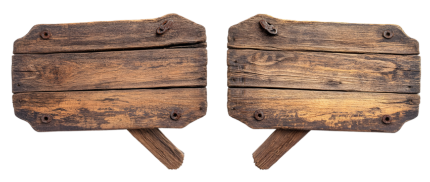 Rustic wooden signboard isolated on a plain white background, Transparent PNG