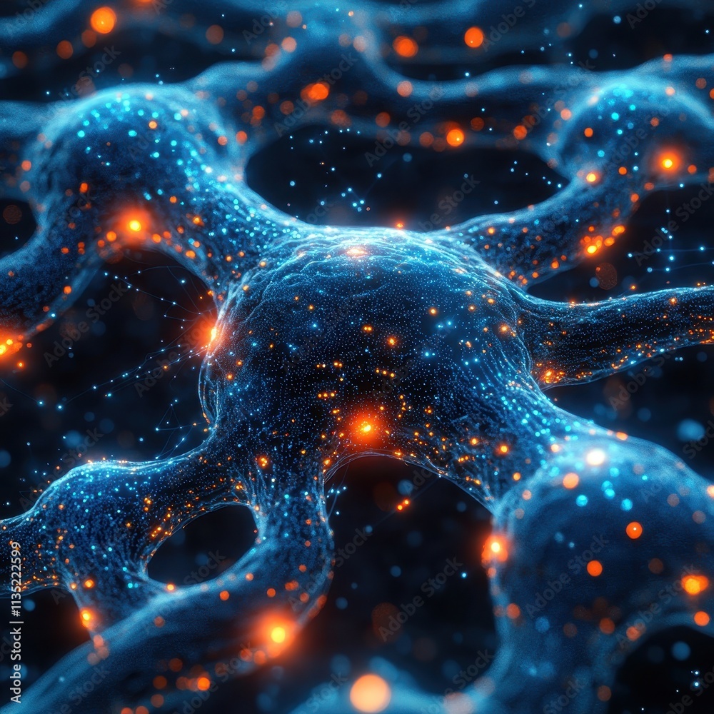 Poster abstract neural network connection with glowing nodes, digital data transfer, artificial intelligenc